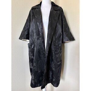 Vintage 1950s Black Satin Jacquard Short Sleeve Coat With Velvet Collar